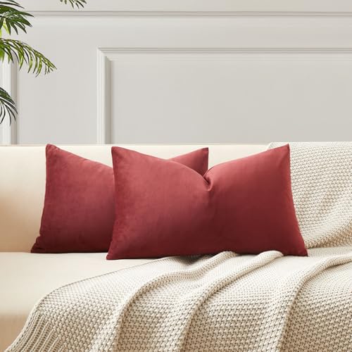 Image of JUSPURBET 12x20 Velvet Lumbar Throw Pillow Covers Set of 2,Dark Red | Modern Soft Decorative Cushion Covers with Hidden Zipper for Couch Sofa Bed Living Room Bedroom Home Decor