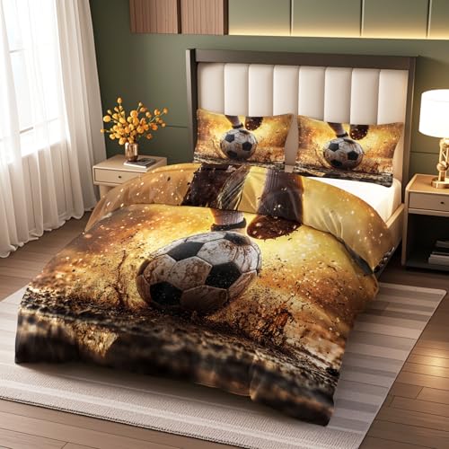 Générique Football Housse De Couette 140x200cm 3 Pièces Parure De Lit en Microfibre,Sport De Football Parure de Couette Réversible avec 2 Taies d'oreiller...