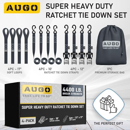 Image of AUGO Heavy Duty Ratchet Straps & Soft Loops - Pack of 4 Extra Strong 1.5 inch by 10' Ratchet Straps w /S-Hook Safety Latches & 4 Soft Loop Tie Downs - 4400Lb Break Strength for Motorcycles, ATVs, Etc.