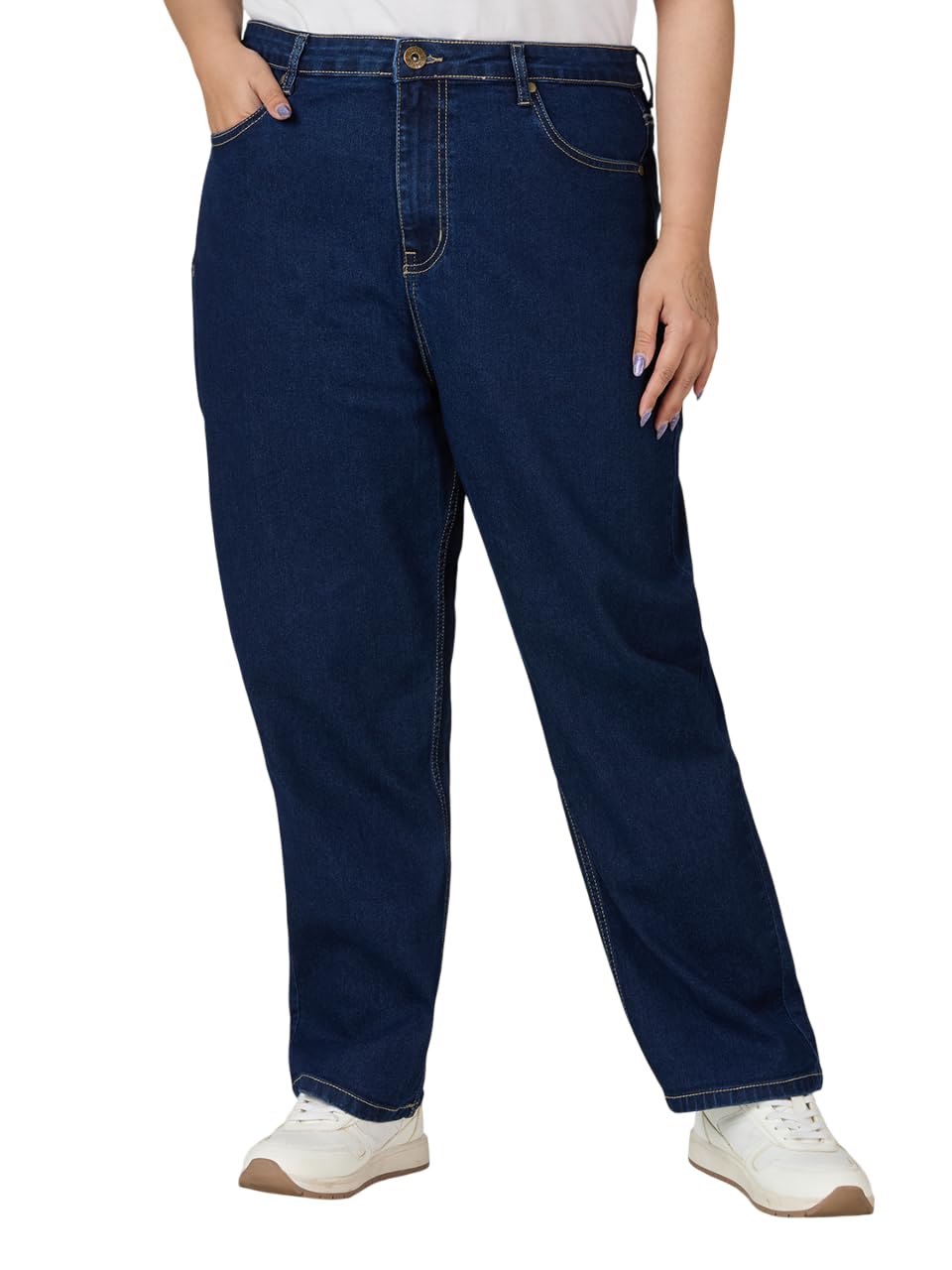 Women Plus Size Dark Blue Straight fit high Rise Stretchable Jeans-image-48