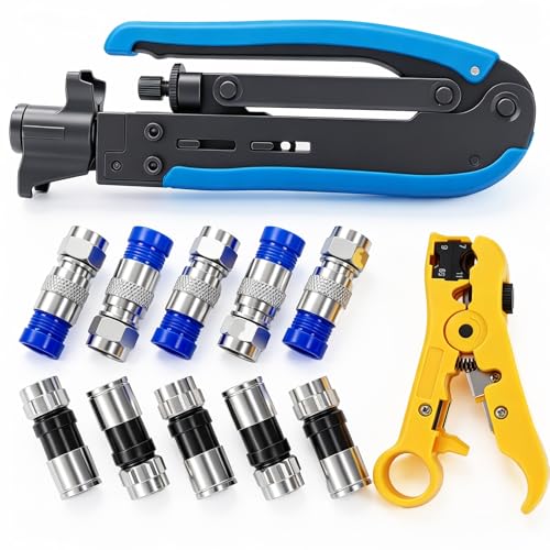 Image of mxuteuk Coax Cable Crimper Kit Adjustable RG6 RG59 RG11 75-5 75-7 Coaxial Compression Tool Fitting Wire Stripper With 10 pcs F Compression Connectors
