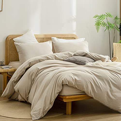 Image of BESTOUCH Cotton Solid Duvet Cover Set Linen Feel Almond Milk Grey Queen | Washed Cotton, Linen Feel, Soft Wrinkle Texture, Hidden Zipper, 8 Ties, Breathable Lightweight Durable Comfy, 3Pcs No Insert