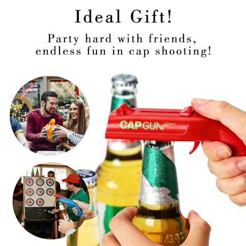 Bottle Opener with Cap Launcher &ndash; Funny Shooting Gun for Parties, BBQ, Tailgates &ndash; Unique Beer Cap Shooter Gadget for Men &ndash; Cool Gifts for Dad, Husband, Him on Birthday, Father's Day(Red+Blue)