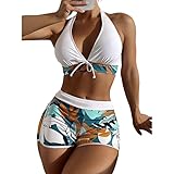 Women 2-Piece Swimsuit– Chic Halter Top W/Shorts Bikini Set Swimwear – Floral Tropical Botanical Design (Large, White)