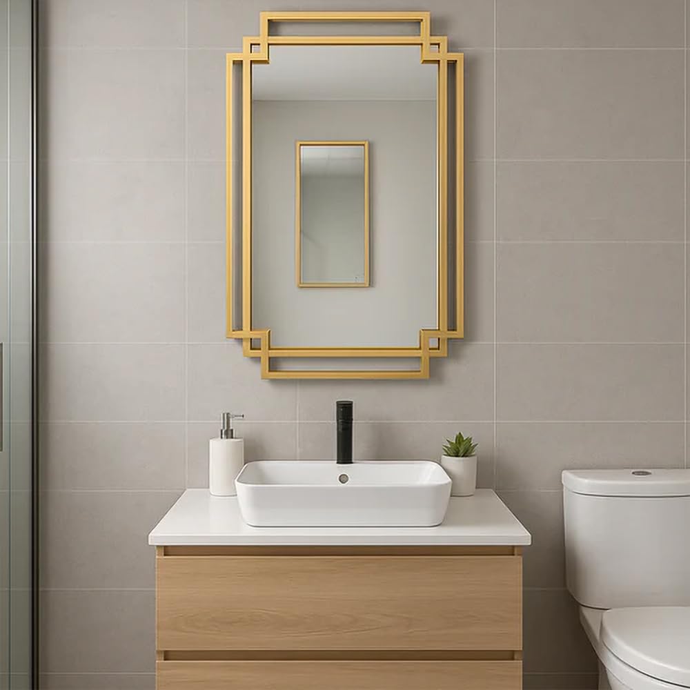 Art Deco Gold Rectangular Wall Mirror 94 x 48 cm – Modern Metal Frame Décor for Living Room, Bedroom or Hallway – Stylish Geometric Mirror with Clear Reflective Glass