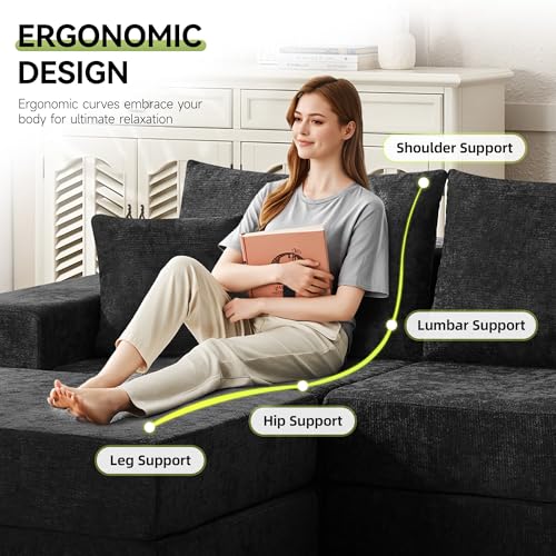 Image of 79 inch Boneless Loveseat Sofa Couch, Modular Foldable Floor Cloud Sofa with Ottoman, Lounge Convertible Sofa Bed for Living Room, No Assembly, Chenille Black