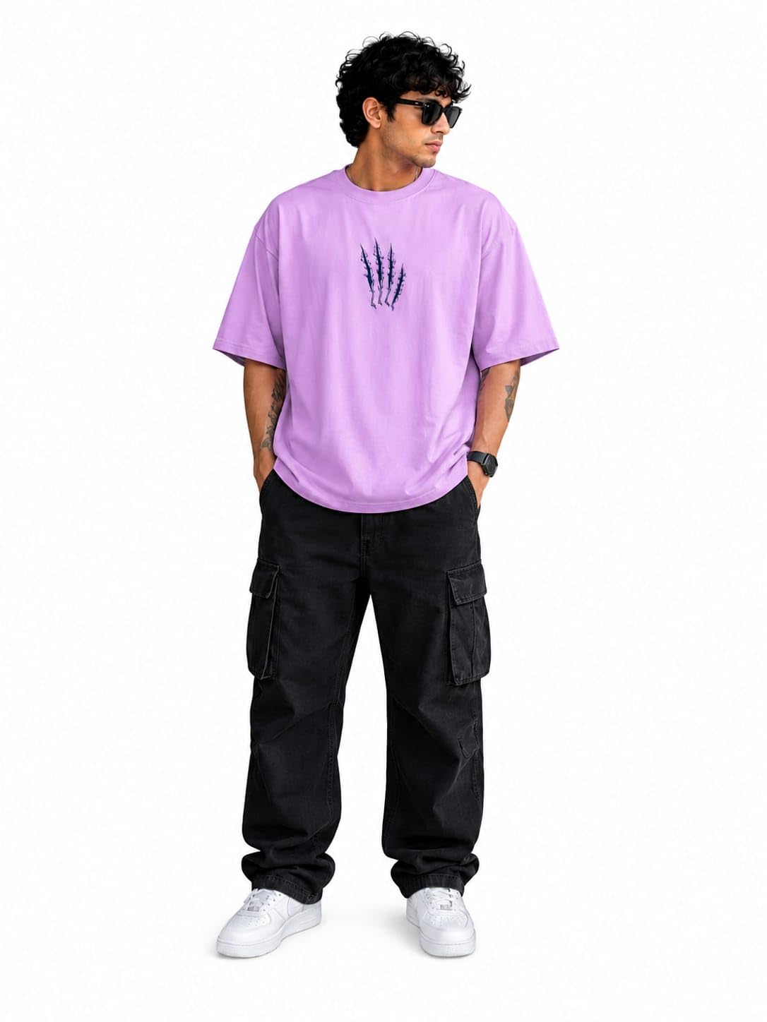 Men's Oversized Graphic Printed T-Shirt | 240 GSM 100% Cotton | Round Neck Half Sleeve Casual Cotton Tee | Loose Streetwear Fit | Hunter Collection | Lavender | Multiple Sizes-picture-28