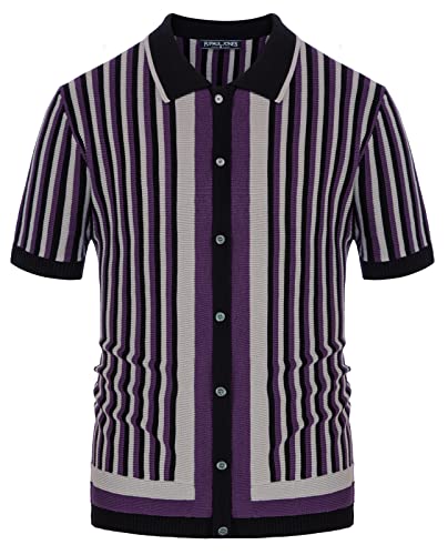 Men's 1970s Polo Shirts Vertical Stripes Retro Button Down Shirts