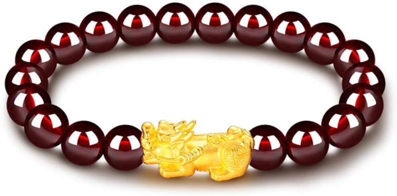 Feng Shui Amulet Bracelet Prosperity 8mm Red Garnet Bead Bracelet with 1 Gold Plated Pi Xiu/Pi Yao Lucky Wealthy Brecelet
