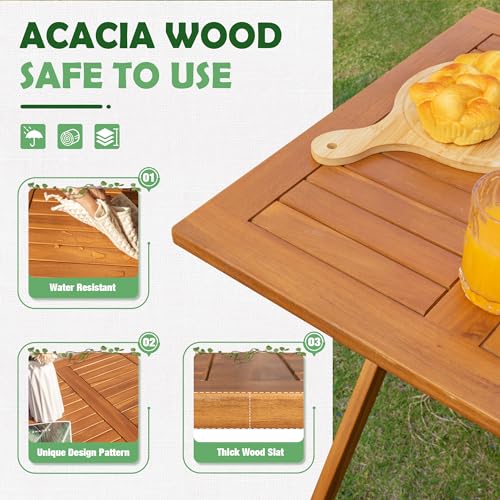 Image of Greesum 3 Piece Patio Folding Furniture Bistro Set with 2 Chairs and Square Table for Pool Beach Backyard Balcony Porch Deck Garden,Acacia Wood