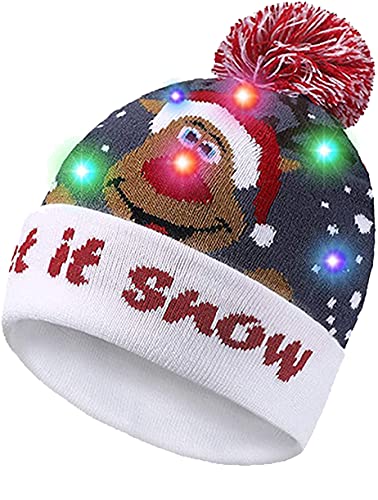 JFAN Natale Cappello Lavorato A Maglia da Adulti Unisex con LED Inverno Light Up Caldo Partito Motivo Natalizio Bianco+Grigio-Fulvo Fiocco di Neve Taglia Unica