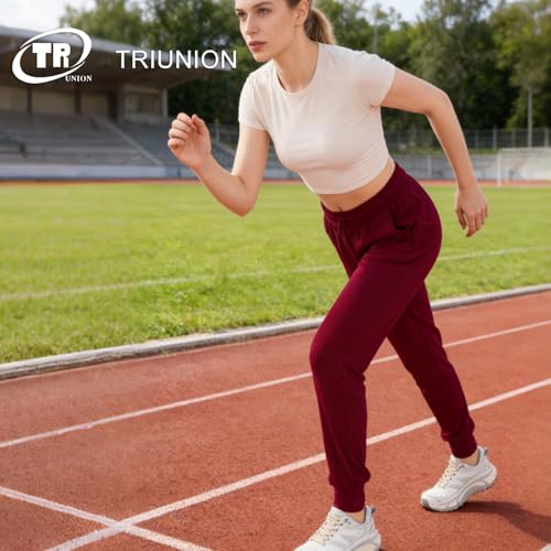 TRIUNION 2 Pack Women's Joggers Pants with Pockets Drawstring Running Sweatpants for Women Yoga Lounge Pants for Workout,Black/Burgundy,Large — view 3