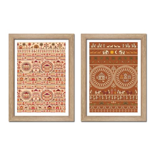 Image of TenorArts Traditional Tribal Folk Art Photo Frame Set of 2 , Indian Rural Arts Decor Wall Hanging Painting For Bedroom Living Room Cafe and Home decor / Minimal Drawing Framed Posters for Decoration (9x12 inches) [T2P-03T]