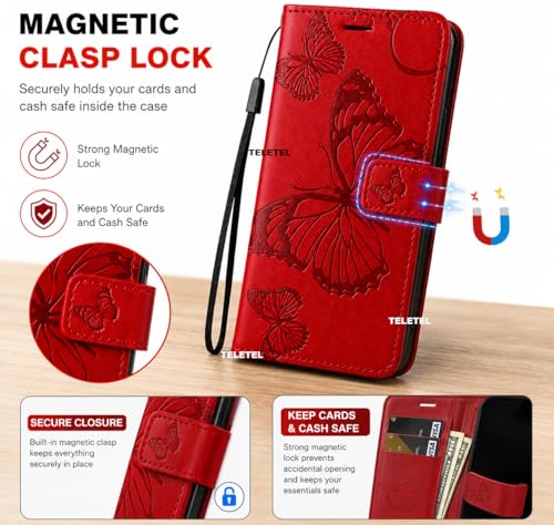 Image of TELETEL Butterfly Magnetic Closure Wallet Card Holder Flip Case for Vivo V50 5G|Mobile Cover|Back Flip Cover - Red