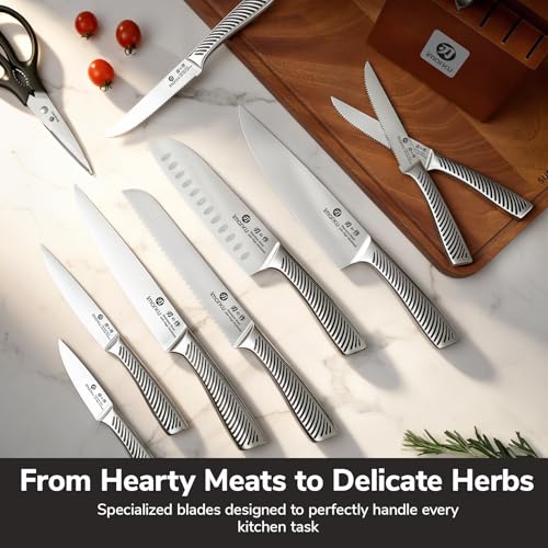 Image of imarku 14-Piece Knife Set, Japanese Stainless Steel Knives Set for Kitchen, Full-Tang Gyutou Knife Sets with Block and Build-in Sharpener, Brown, Dishwasher Safe, House Warming Gifts for Men