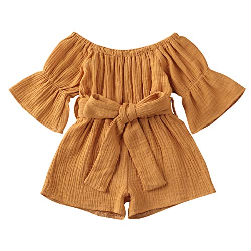 Seyurigaoka 0-4Y Kids Toddler Baby Girls Summer Clothes Solid Color Off Shoulder Romper Jumpsuit Short Pants One Piece Outfits Yellow Brown