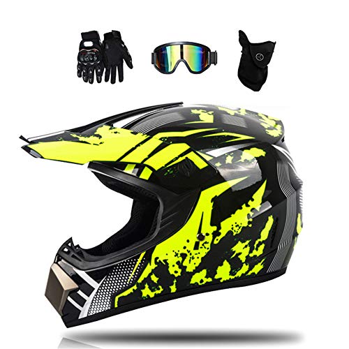 MRDEAR Casco Cross Nero Giallo Casco da Motocross Set (Occhiali/ Guanti/ Mascherina/ 4 Pcs) Casco Integrale MTB Bambino Adulto per Motociclista Downhill Enduro Offroad Moto Scooter Sport,L