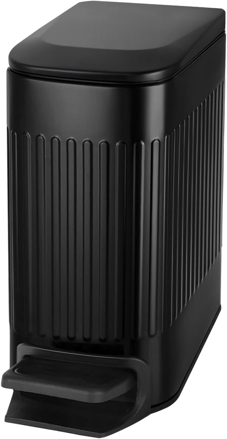 TIPGOSmall Bathroom Trash Can with Lid Soft Close, 6 Liter / 1.6 Gallon Stainless Steel Garbage Can with Removable Inner Bucket, Foot Pedal, Slim Trash Cans for Bedroom, Office, Kitchen (Black)