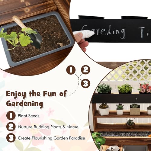 Costzon Kids Potting Bench Wood Toy Gardening Center with 4 Pots Chalkboard Removable Sink Storage Shelves Mud Kitchen for Kids Outdoor Play Kitchen Gift for Boys Girls 3