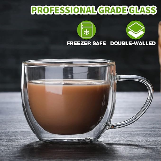 Image of PrimeWorld Double Walled Glass Coffee Mugs - Set of 2, 250ml | Hand-Blown Insulated Glass Cups with Handle | Clear Heat Resistant Mugs for Cappuccino, Latte, Americano, Tea & Beverages