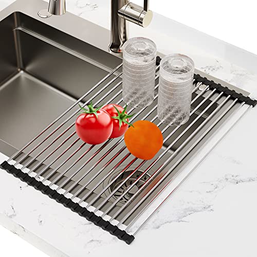 Mikinya Escurridor de platos sobre el fregadero, escurridor de platos enrollable de acero inoxidable, escurridor de platos plegable multiusos, color negro (20.5 x 13.7 pulgadas)