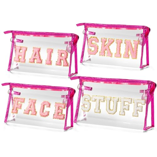 EZdhuawuse Preppy Patch Cosmetic Bag - 4P Summer FACE SKIN HAIR STUFF Chenille Letters Toiletry Bag Waterproof Portable Zipper Makeup Bag Clutch Purse Travel Summer Beach Bag for Women Girls(Rose Red)