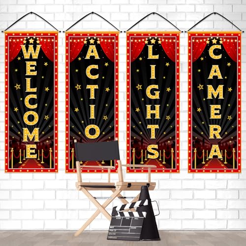 Image of Panelee 4 Pcs Movie Night Porch Banner Movie Themed Party Decorations Theater Welcome Lights Camera Action Front Door Sign Hanging Decoration for Home Photo Film Booth Backdrop Party Supplies