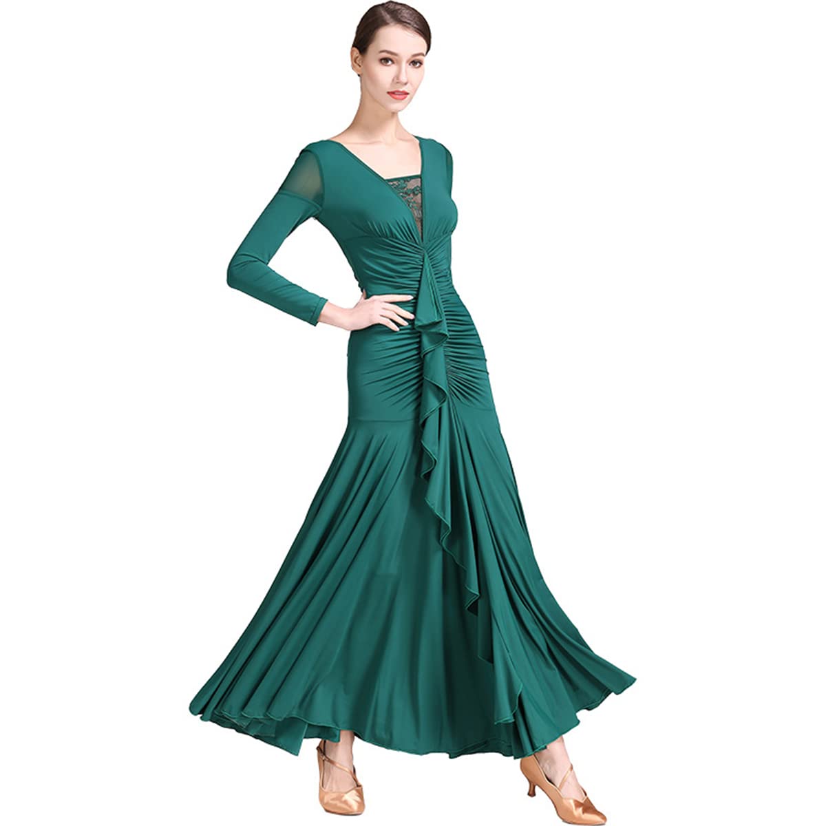 Nowoczesne kostiumy na konkursy tańca moda damska seksowna sukienka koronkowe szwy dekolt w serek bez pleców jednolity trykot długa sukienka na imprezę elegancka sukienka duża spódnica swing