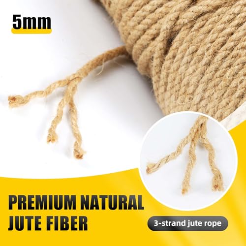Image of Natural Jute Twine, 5MM x 328FT Jute Rope Roll, Heavy Duty Thick Twine for Cat Scratching Post, Bundling, Gardening and DIY Crafts
