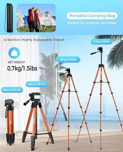 Image of MACTREM 67 inch Tripod Stand for iPad Phone Tablet Camera with 2 in 1 Mount & Wireless Remote, Aluminum Extendable iPhone Tripod for Video Recording /Selfies /Live Stream /Vlogging (Orange)