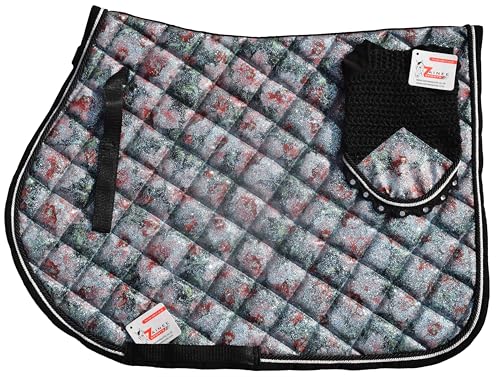 ZAINEE SPORTS Floral Glitter Saddle Pad Set Matching Ear Bonnet | Equestrian Show Gear | Horse Riding Matchy Set | Dressage or Jumping/Hunter (Sky-Blue-Floral-Glitter, Horse/Full)