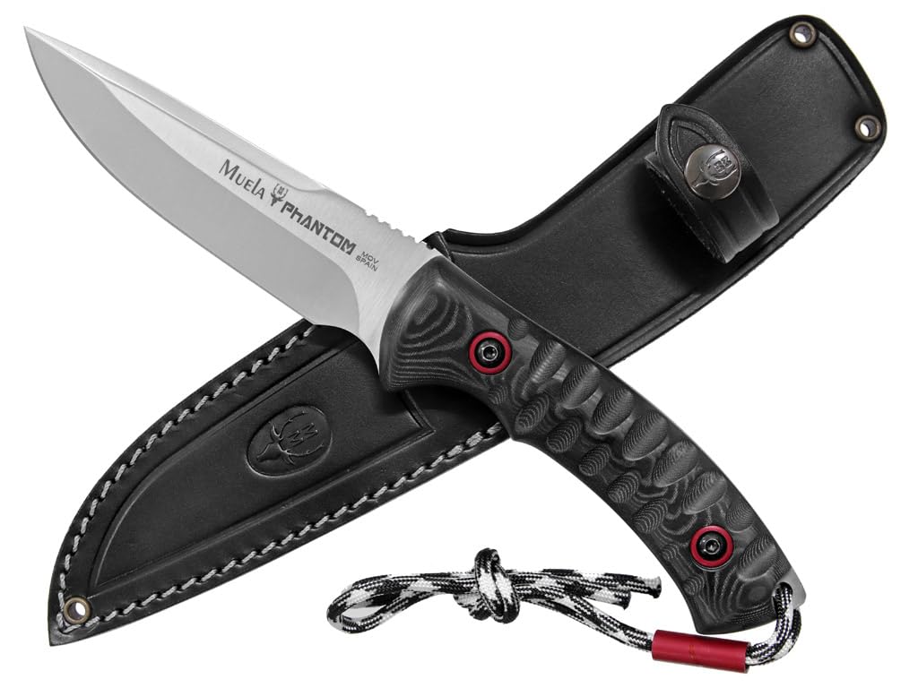 LO TRINCO YO Muela Cuchillo PHANTOM-12W hoja de acero MoVa X50CrMoV15 de 12 cm y empuñadura de Micarta negra con separador rojos para Caza, Pesca, Supervivencia y Bushcraft.