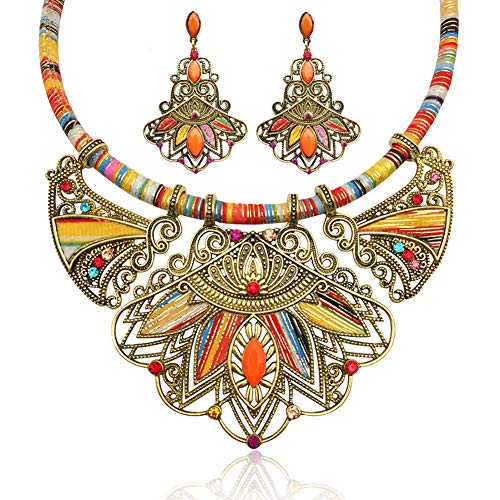 HENGYID Bohemian Necklace Earring Sets for Women  Chunky Enamel Multicolor Round Pendants Vintage Rhinestone Ethnic Necklace (Color B)