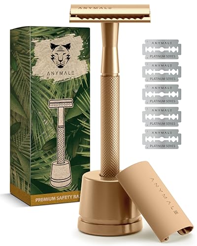 ANYMALE® Rasierhobel - Damen Set mit Ständer, Reiseschutz und 5 Klingen - Plastikfreier Nassrasierer aus Metall - Razor Gold Edition