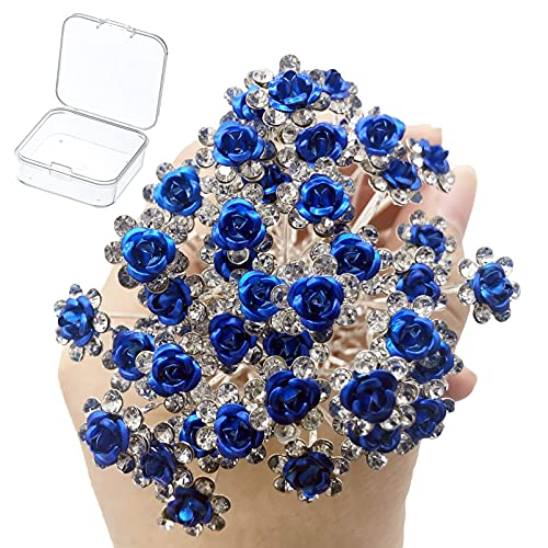 40 Pack Flower Crystal Rhinestone Hair Pins with a Storage Box for Bridal Wedding Hair Accessories, Rhinestone Hair Clips Accessories for Women and Girls,Rhinestone Hair Styling U Pins(Royal Blue)