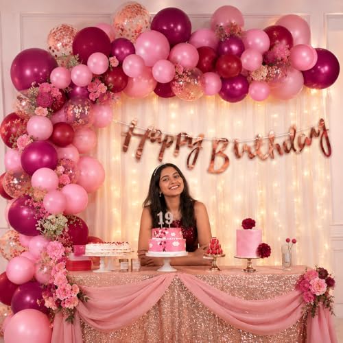 Image of Party Propz Burgundy Birthday Decoration Kit For Kids - 69Pcs, Happy Birthday Banner For Kids | Rose Gold Confetti Balloons, White Net Curtains, Hooks, Riibbons