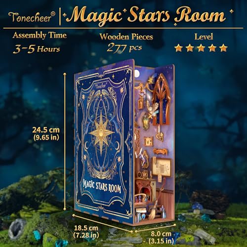 Image of Tonecheer DIY Book Nook Kit for Adults,3D Wooden Puzzle Bookend Bookshelf Insert Library Decor, Booknook Miniature House Kit with Body Motion Sensor LED Light (Magic Stars Room)