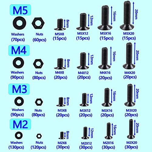 HVDHYY 1065pcs Black Bolt and Nut set M2 M3 M4 M5 Machine Phillips Pan Head Screws & Nuts & Washers Assortment kit Button with a Reusable Storage Box (4 Hex Wrenches) - Image 2
