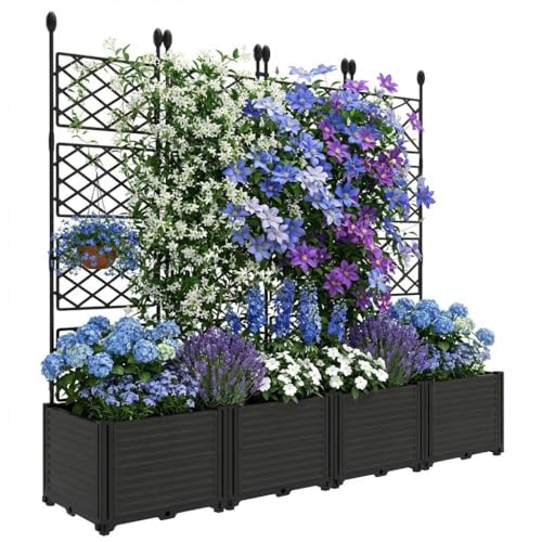Pflanzkasten mit Rankgitter aus Metall Hochbeet mit Rankhilfe für Kletterpflanzen Kunststoff Pflanzkasten Outdoor als Sichtschutz für Balkon Terrasse & Garten 4 Abschnitte vertiefen 168x160cm