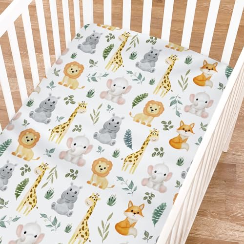 Jungle Safari Animals Tropical Leaves Baby Crib Sheet for Girl Boy 52"x28" Elephant Lion Giraffe Hippo Fox Soft Breathable Toddler Nursery Bed Sheet Fits All Standard Crib and Toddler Mattress Pads