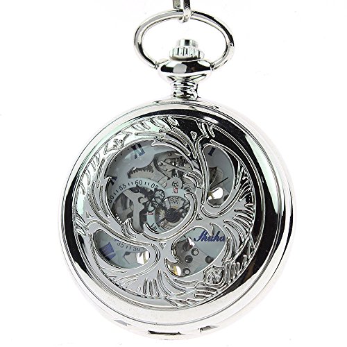 Itemstoday, orologio meccanico da tasca, in argento, cassa incisa, quadrante bianco con numeri romani blu