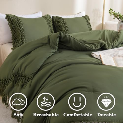 Image of Andency Olive Green Comforter Set Queen, 3 Pieces Boho Tassel Lightweight Soft Bedding Comforter Sets, All Season Fluffy Fringe Bed Set (90x90In Comforter & 2 Pillowcases)