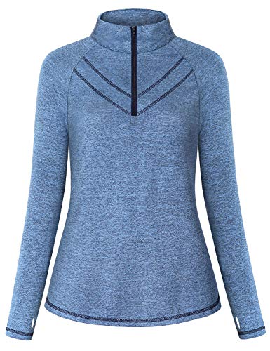 Vindery Track Jacket Women, Half Zip Pullover Athletic Jackets Long Sleeve Yoga Shirts Thumb Holes Workout Tunics Running Clothes Cold Weather Sportswear Blue XL
