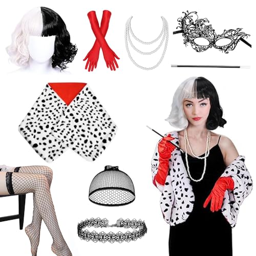 Cruella Devil Kostüm Damen 9 PCS Perücke Cruella Deville Kostüm Cruella Devil Perücke mit Faux Schal Handschuhe Perückenkappe Spitze Maske Halsketten Netzstrümpfe Holder Perlenkette Halskette