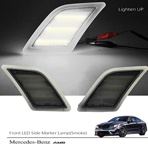 Smoke Lens White LED Front Side Marker Light Kits for 2008-2011 Mercedes Benz Pre-LCI W204 C250 C300 C350 & 2008-2013 C63 AMG & 2005-2007 SL66 AMG OEM Amber Side Marker Lamps Replacement