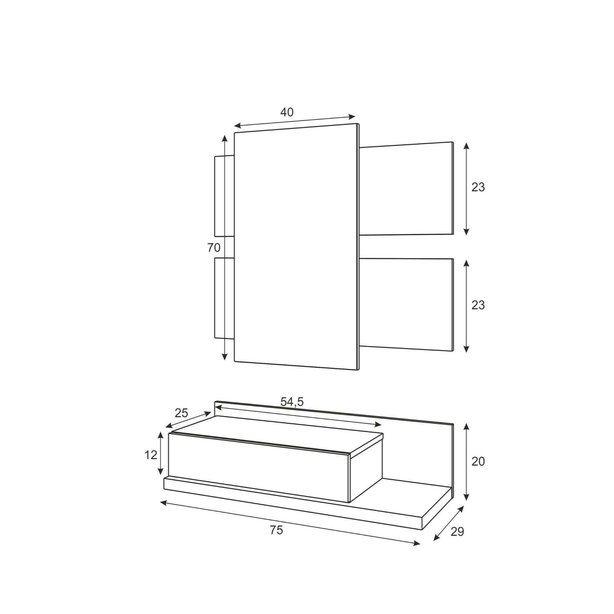 Dmora Mobile da Ingresso con cassetto e Specchio, Colore Noce e Bianco Lucido, cm 75 x 90 x 29