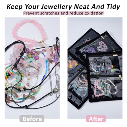 SUPERFINDINGS 5 Stück Reise Schmuck Organizer Tasche Tragbar Falbar Schmuck Organizer Tasche Schwarz Aufbewahrungstasche mit Klarer Reißverschluss Samt Beutel für Halskette Armband Uhren Organisation