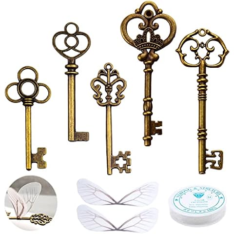 Aokbean 50 Pcs Vintage Skeleton Flying Key Charms Pendant, Antique Keys with Dragonfly Wings for Jewelry Making DIY Metal Crafts Party Chrismas Decorations Cover