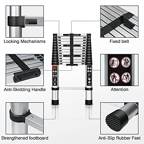 Palumie Aluminum Telescoping Ladder 12.5 Ft, Collapsible Telescope Ladder With Locking Mechanism, Adjustable Extension Ladder For Home And Outdoor, Lightweight Compact Rv Ladder, 330Lbs Capacity #TOP2