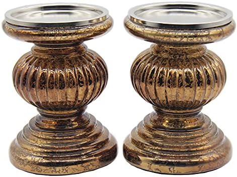 CFDECOR Mercury Glass Pillar Candle Holders Set of 2, with 3 LED Lights inside,Candle Holders for Pillar Candle,Perfect Decoration Candlesticks Sets, Ideal for Dining Room, Home, Xmas Decor(Chocolate)